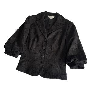 Kay Unger Black Floral Jacquard Button Front 3/4 Length Sleeves Blazer Jacket 8